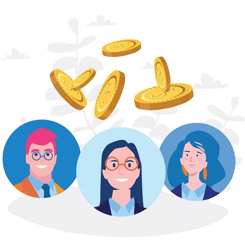 Cartoon of three people with coins above their heads